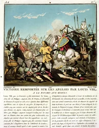 Sieg über die Engländer durch Ludwig VIII. (1187-1226) bei La Roche aux-Moines, graviert von Jean Baptiste Morret, 1790